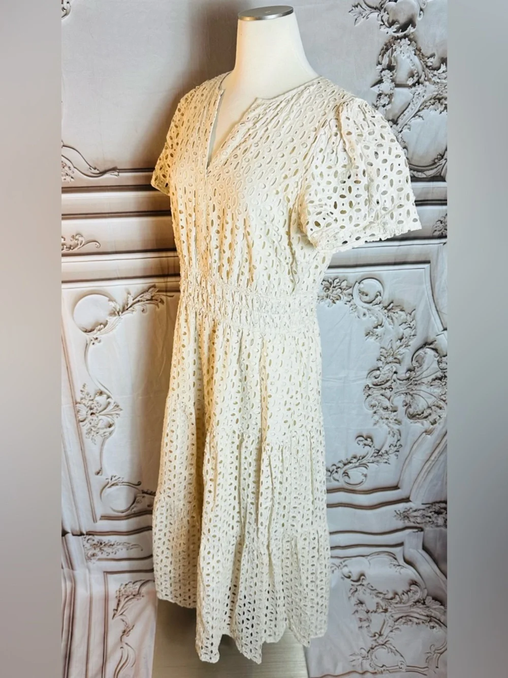 White Eyelet Maxi Dress with Royal Blue Bow Belt - Picture 3 of 13